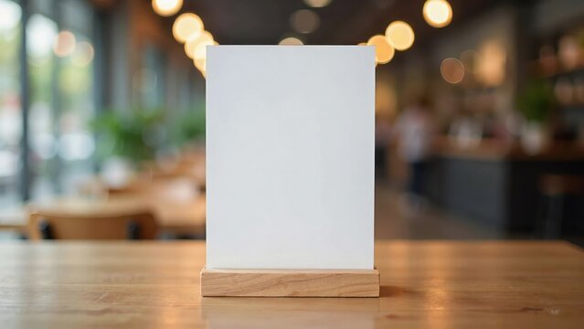 Mockup blank menu card on a wooden table in a blurred cafe