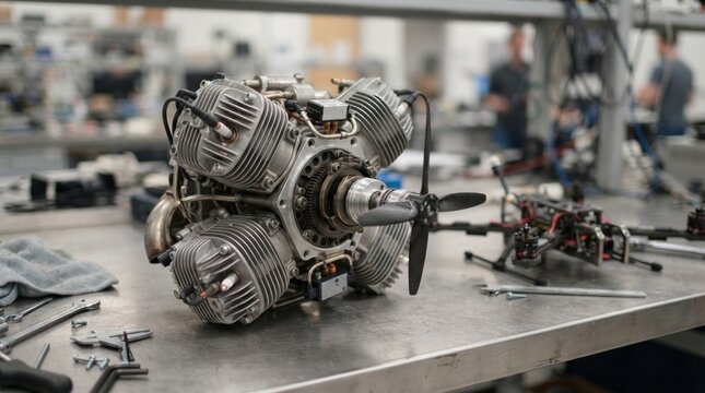 Four chamber rotary engine and drone airframe on a stainless workbench for UAV propulsion engineering