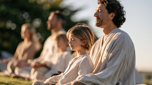 Mindfulness teacher leading a golden hour family session on a grass terrace, parents and two children in seated breathing posture, late afternoon warmth across faces, guided meditation practice, str
