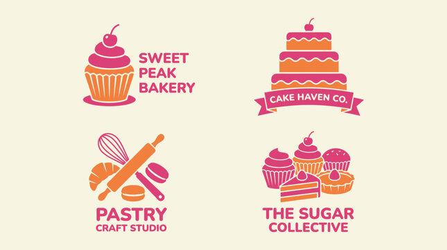 Set of four professional bakery and pastry shop logo designs with sweet treats.