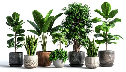 Fototapeta premium Collection of diverse lush indoor houseplants in decorative ceramic pots isolated on a white background
