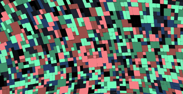 A dynamic and vibrant abstract digital background featuring a rhythmic arrangement of multicolored geometric rectangles in a perspective distortion