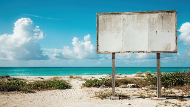 Mockup empty weathered billboard on a tropical beach