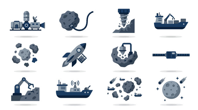 Space Exploration Icons: Rockets, Asteroids, Mining, and Ships