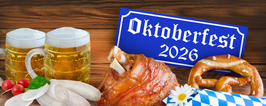 Oktoberfest 2026 in Bayern mit Bier, Wei&szlig;wurst, Haxn, Radi und Bretzel