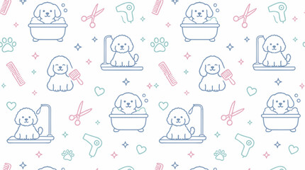 Fototapeta premium Seamless pattern with cute dogs in a professional pet grooming salon