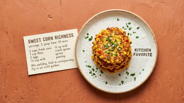 Savory golden fried sweet corn fritters served on a ceramic plate with fresh parsley garnish beside a printed recipe card showing 10 minutes preparation times on a rustic textured terracotta surfaces.