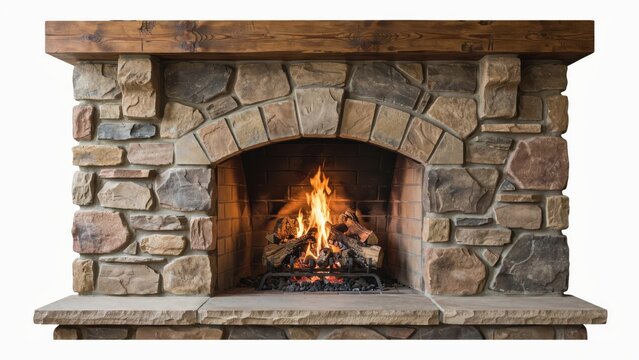 Mockup rustic stone fireplace with burning logs isolated on white background