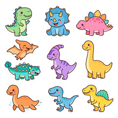 Fototapeta premium Set of cute colorful cartoon dinosaur characters on white background