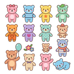 Obraz premium Set of cute colorful teddy bear characters in various poses and styles