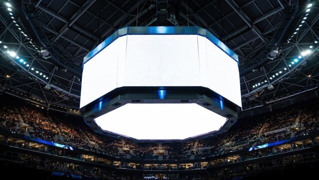 Mockup large octagonal scoreboard hanging in a dark arena