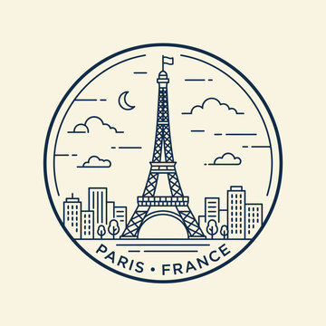 Paris France Eiffel Tower circular line art logo.