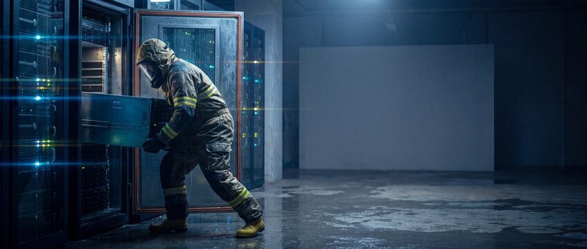 Person in Hazmat Suit Handling Server Hardware in a Data Center