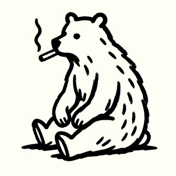 Hand Drawn Bear Sitting and Smoking Cigarette Vector Illustration