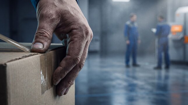 Worker hand sealing a cardboard box with tape in an industrial warehouse setting