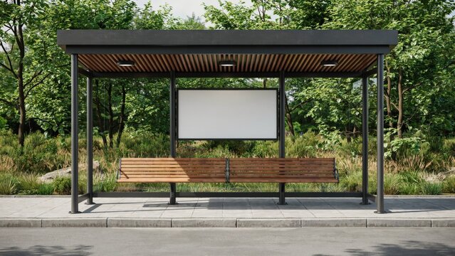 Mockup modern bus stop shelter with empty advertising billboard
