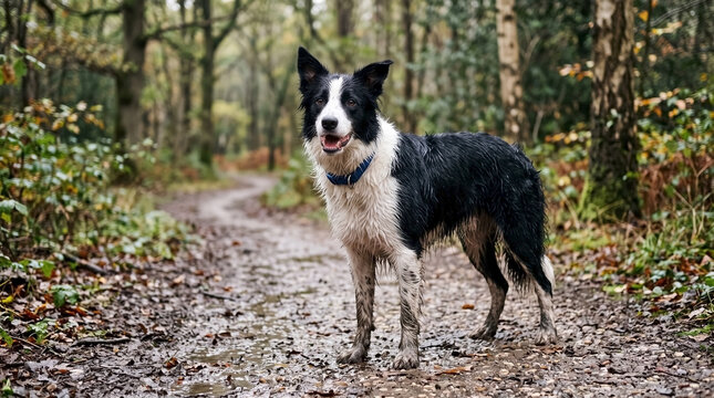 Muddy Border Collie standing on wet forest path after rainy walk, showcasing playful expression and wet fur details. This muddy Border Collie enjoys nature adventures.