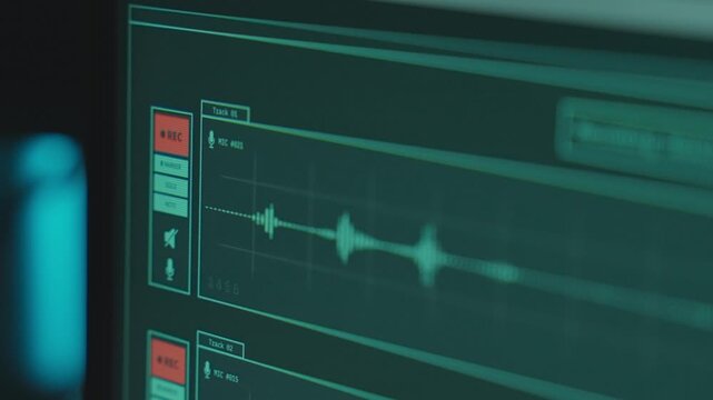 Close up on sound recording software or app showing audio wave on microphone. Wiretapping investigation by spy agency or police. Hacker group illegally gathering surveillance. Podcast music production