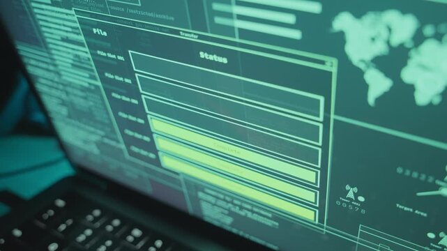 Digital windows pop up on laptop screen in dark office room at night uploading information to remote server. Hacker group breaching secured archive or spy sending data via ftp to agency or business