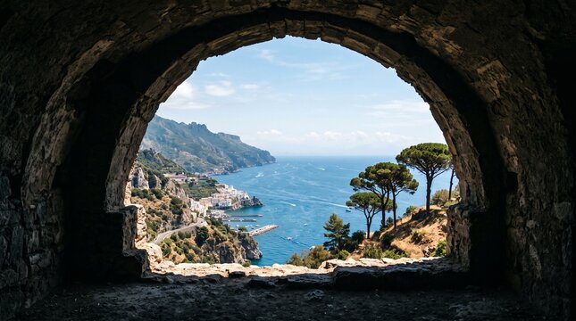 Coastal Mediterranean view framed by ancient stone archway. Scenic seaside landscape seen through historic ruins window.