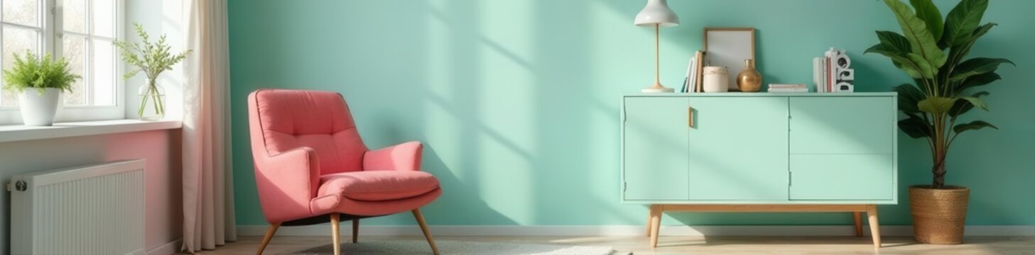 Mint cupboard, armchair, pastel office, copy space, spacious, mint