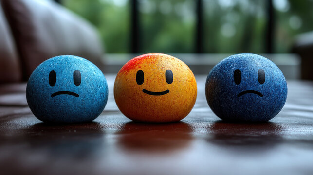 Three expressive smiley balls: one happy orange, two sad blue, representing emotions and mood changes, selective focus.