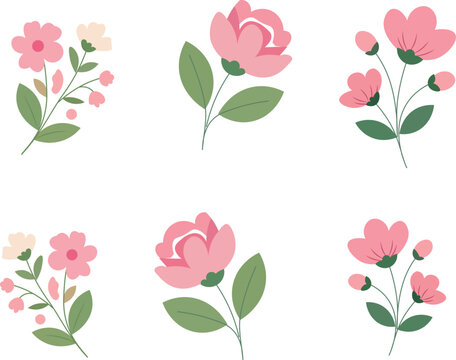 A set of cute pink floral branches and spring flower vector elements isolated on a white background.