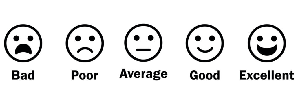 Customer satisfaction survey scale with five emoticons ranging from bad to excellent feedback.