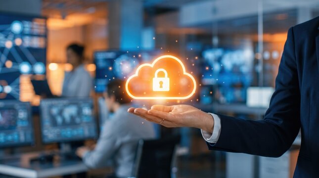 Hand presenting glowing orange secure cloud icon with padlock, data protection, cybersecurity insurance, privacy shield, IT security management, server room, digital safety.