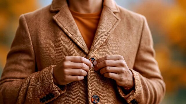 Hands Buttoning Camel Wool Coat Close Up Detail
