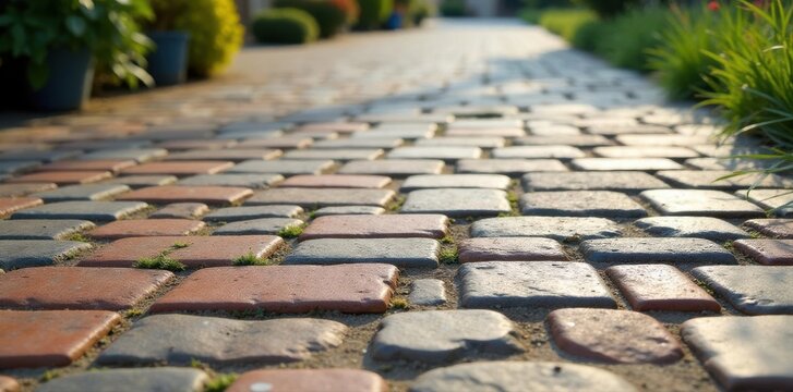Patterned cobblestone paving on a terrace, close view , material, texture, ancient