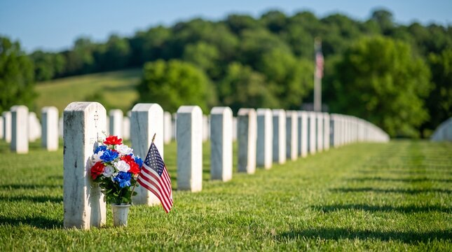 A row of white military headstones at a national cemetery decorated with an american flag to honor soldiers on veterans day