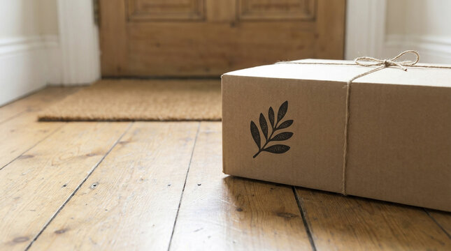 Brown cardboard delivery box with a simple leaf logo resting on a warm wooden floor by a rustic front door.