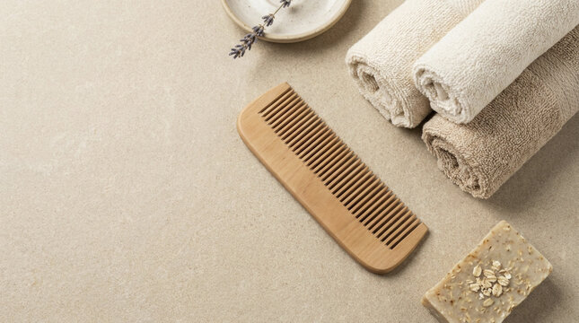 Natural wooden comb, rolled towels, handmade soap, and lavender sprigs for organic spa and self-care routines.