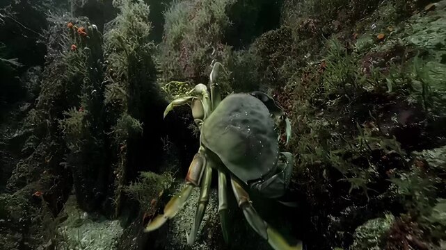 Underwater crab scuttles across rocky seabed with seaweed and marine life