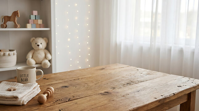 Nursery Table Setup: A rustic wooden table in a sunlit nursery, featuring a teddy bear, building blocks, and other charming child-friendly items on a shelf.