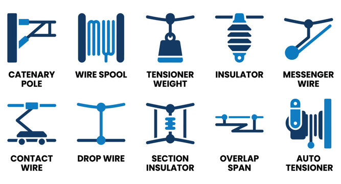 Set of ten icons showing railway overhead line equipment components including poles wires and insulators Minimal solid fill icon set bundle collection. Editable Vector Illustration Mega pack