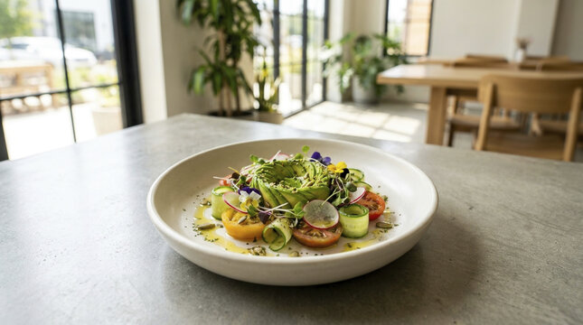 Elegant gourmet avocado salad with fresh vegetables and edible flowers on a ceramic plate, showcasing healthy, vibrant, and plant-based cuisine.