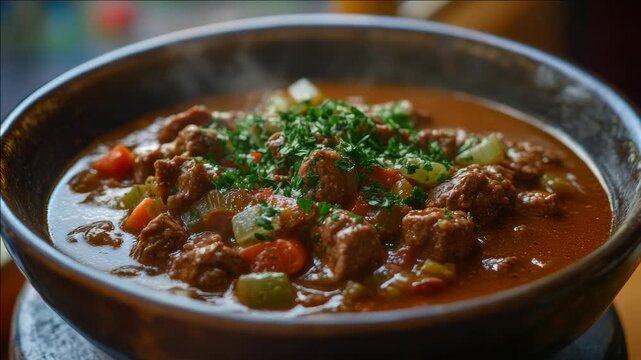 A hearty beef stew with chunks of meat and vegetables served in a bowl.