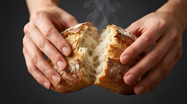 Close up of human hands pulling apart a freshly baked steaming sourdough bread loaf.