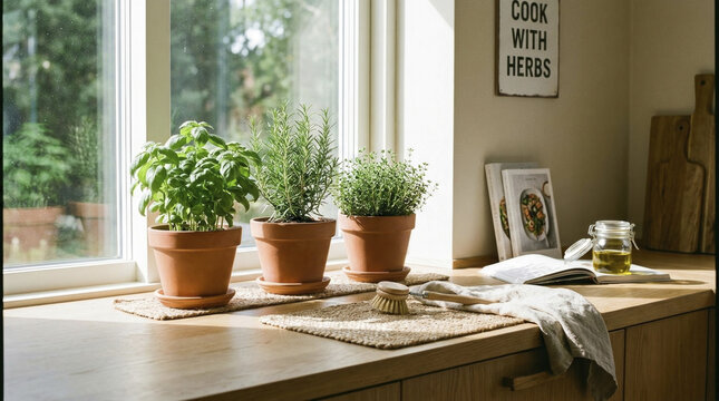 Fresh potted herbs including basil, rosemary, and thyme on a sunlit kitchen windowsill, inspiring home cooking.