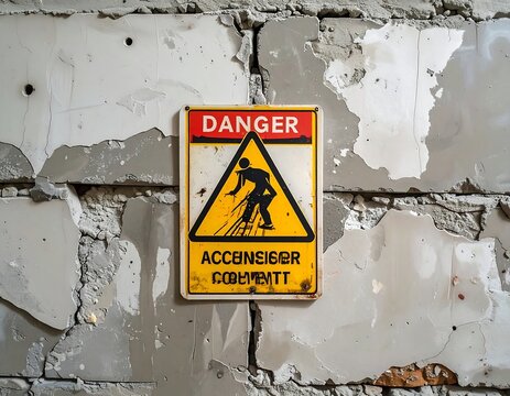 Danger warning sign on a snowy construction site.