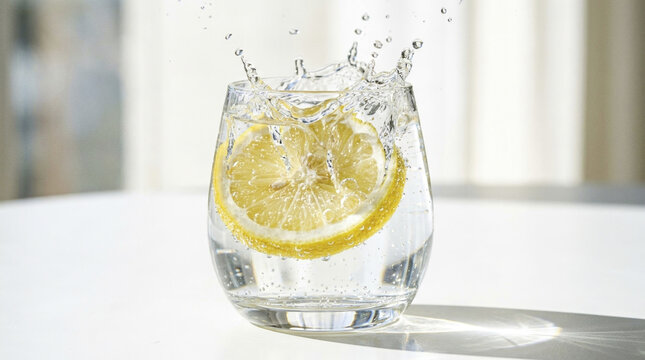 Dynamic Splash of Fresh Lemon Slice Falling into a Clear Glass of Sparkling Water on a Bright Background.