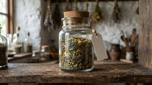 Glass Jar with Herbal Tea Blend on Rustic Wooden Shelf in Countryside Kitchen