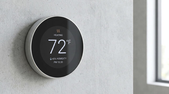 Sleek modern smart home thermostat displaying temperature and humidity on a concrete wall, representing energy efficiency and smart living technology.