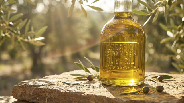 Organic Extra Virgin Olive Oil Bottle in Sunlight with Olive Grove Background.