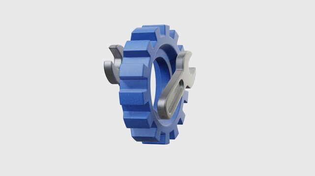 3D render of blue gear cog with gray wrenches crossing inside, isolated on transparent background, alpha channel. Ideal for settings, maintenance, engineering, repair services. Looped animation