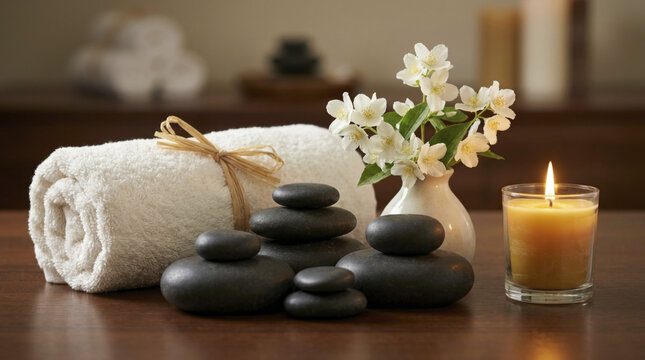 Luxurious spa setup with white jasmine flowers, hot massage stones, and rolled towel, promoting relaxation and wellness.