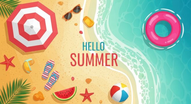 Top view of beach accessories on sand with hello summer text