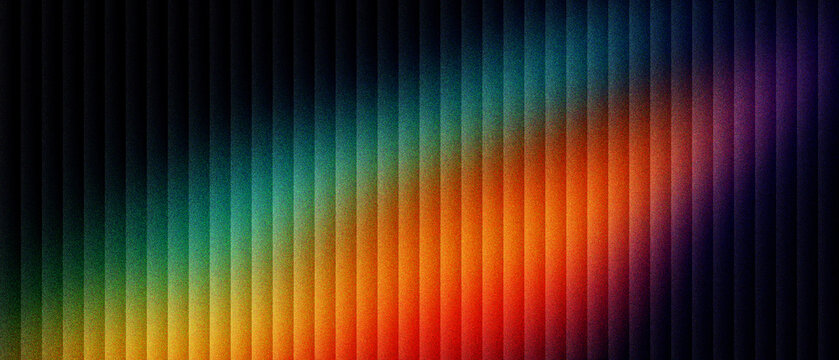 Abstract rainbow light spectrum on vertical black fins. Modern colorful gradient texture with rhythmic parallel lines. Vibrant neon light effect on dark architectural slats for web banners.